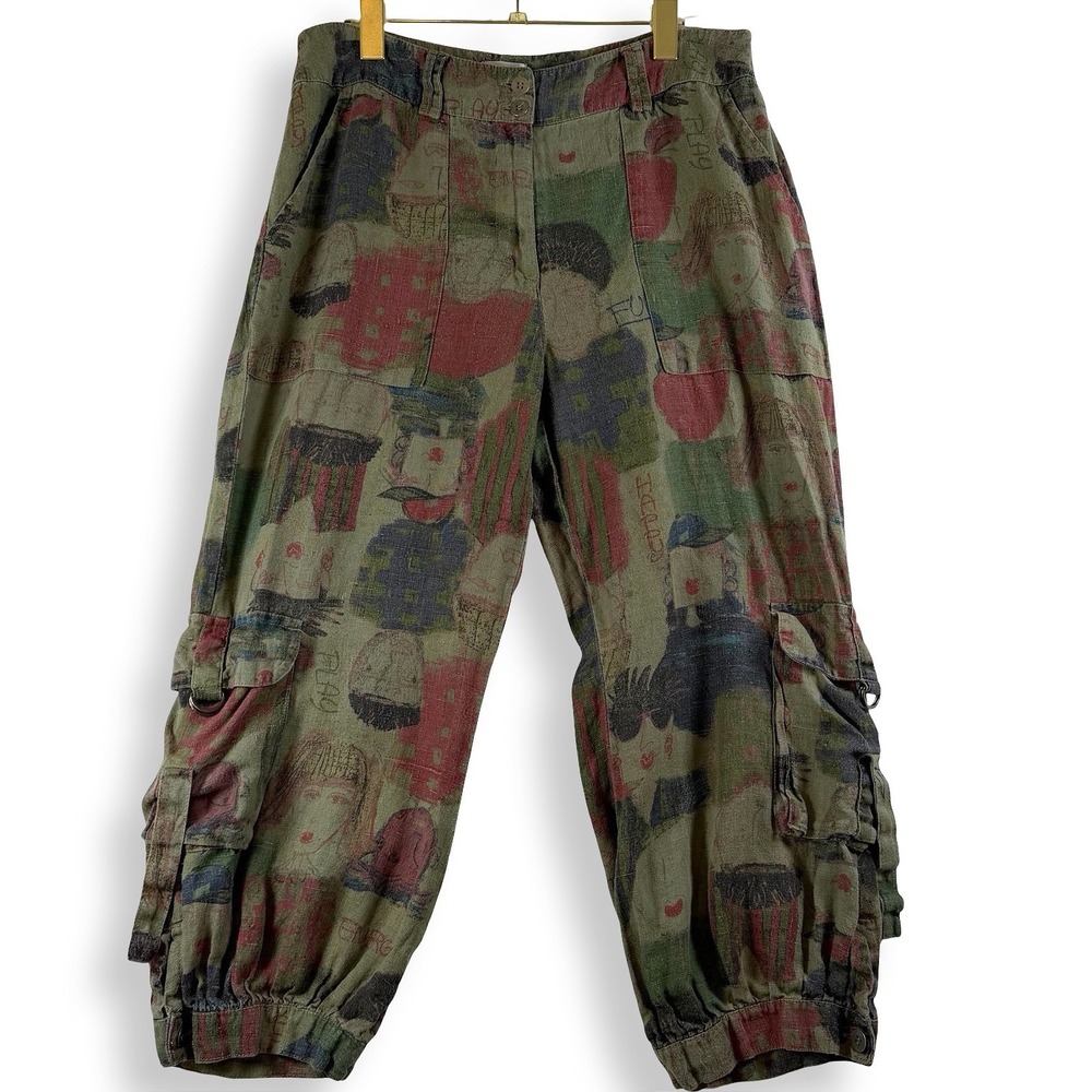 Chico's Linen Cargo Pants Women 1.5 M Green Novelty Face Print Cropped Jogger